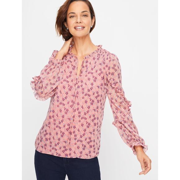 Talbots Women’s L Pink Floral Smocked Shoulder Tie Neck Long Sleeve Lined Blouse - Picture 1 of 7